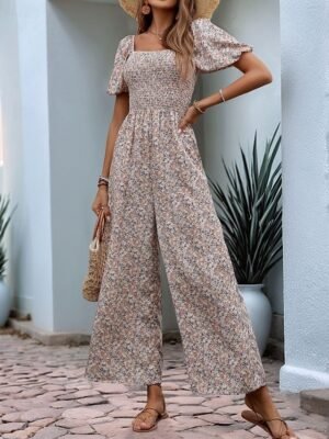 Active Regular Floral Square Neck Short Sleeve High Waist Jumpsuit - Image 6