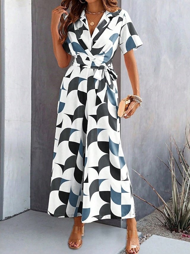 Active Regular Geometric Shirt Collar Short Sleeve Wide Leg Jumpsuit - Image 1