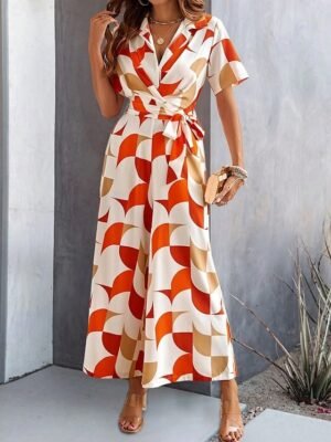 Active Regular Geometric Shirt Collar Short Sleeve Wide Leg Jumpsuit - Image 12