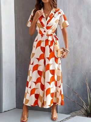 Active Regular Geometric Shirt Collar Short Sleeve Wide Leg Jumpsuit - Image 13