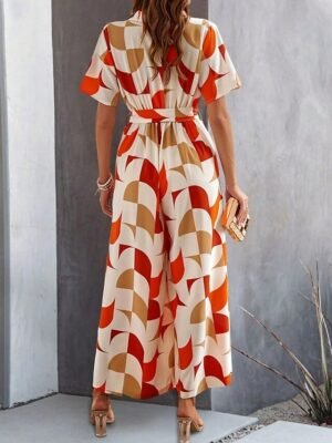 Active Regular Geometric Shirt Collar Short Sleeve Wide Leg Jumpsuit - Image 14