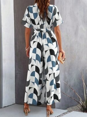 Active Regular Geometric Shirt Collar Short Sleeve Wide Leg Jumpsuit - Image 2