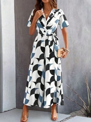 Active Regular Geometric Shirt Collar Short Sleeve Wide Leg Jumpsuit - Image 5