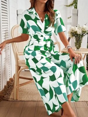 Active Regular Geometric Shirt Collar Short Sleeve Wide Leg Jumpsuit - Image 6