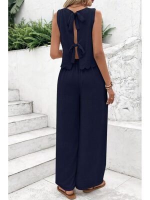 Active Regular Solid Crew Neck Sleeveless Summer Blouse Pants Set - Image 10