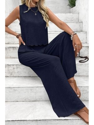 Active Regular Solid Crew Neck Sleeveless Summer Blouse Pants Set - Image 11