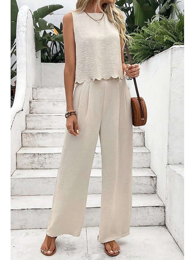 Active Regular Solid Crew Neck Sleeveless Summer Blouse Pants Set - Image 2