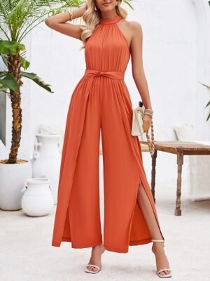 Active Regular Solid Halter Neck Sleeveless High Waist Jumpsuit - Image 1