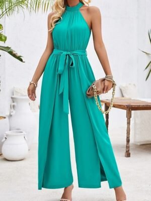 Active Regular Solid Halter Neck Sleeveless High Waist Jumpsuit - Image 12