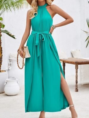 Active Regular Solid Halter Neck Sleeveless High Waist Jumpsuit - Image 14