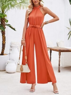 Active Regular Solid Halter Neck Sleeveless High Waist Jumpsuit - Image 7