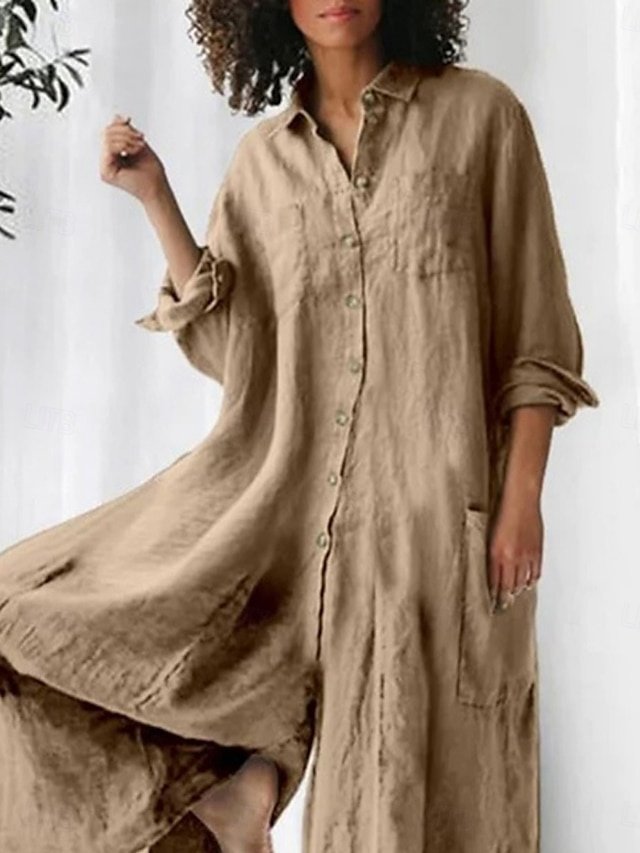 Active Regular Solid Shirt Collar Long Sleeve Wide Leg Jumpsuit - Image 2