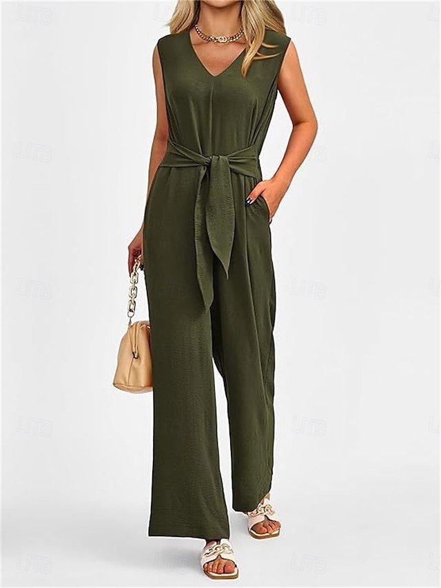 Active Regular Solid V Neck Sleeveless High Waist Jumpsuit - Image 1