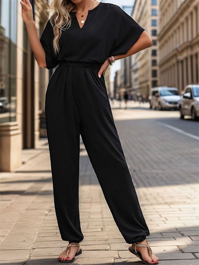 Active Regular Solid V Neck Sleeveless High Waist Jumpsuit - Image 1
