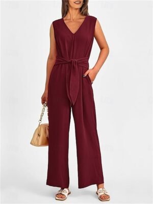 Active Regular Solid V Neck Sleeveless High Waist Jumpsuit - Image 16