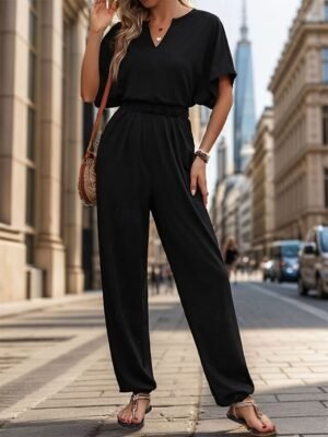 Active Regular Solid V Neck Sleeveless High Waist Jumpsuit - Image 4