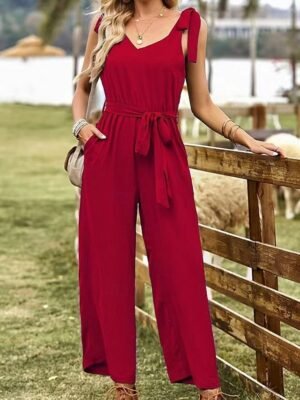 Active Regular Solid V Neck Sleeveless Jumpsuit - Image 1