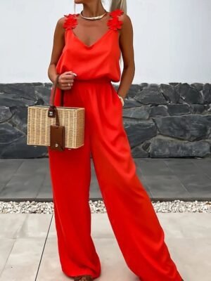 Active Regular Solid V Neck Sleeveless Jumpsuit - Image 2