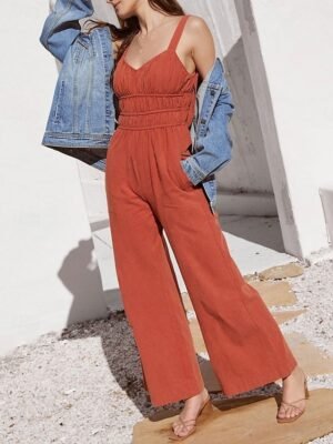 Active Regular Solid V Neck Sleeveless Jumpsuit - Image 5