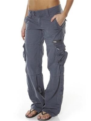 Active Wide Leg Plain Mid Waist Full Length Cargo Pants - Image 24