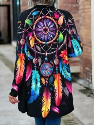Artistic Loose Print Collarless Long Sleeve Trench Coat - Image 1