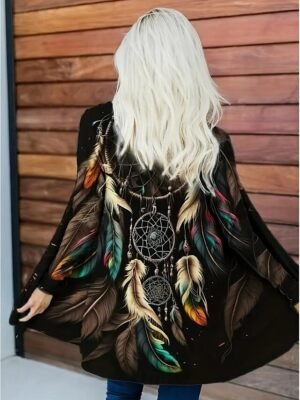 Artistic Loose Print Collarless Long Sleeve Trench Coat - Image 10