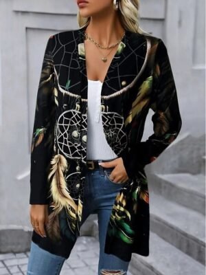 Artistic Loose Print Collarless Long Sleeve Trench Coat - Image 11