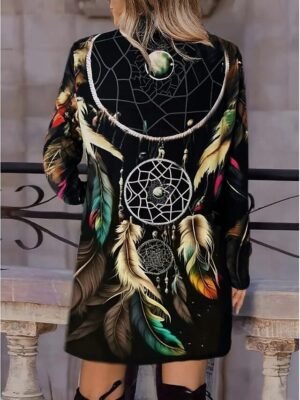 Artistic Loose Print Collarless Long Sleeve Trench Coat - Image 12