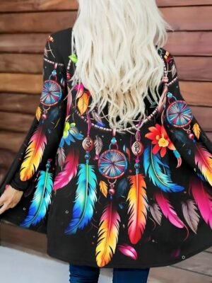 Artistic Loose Print Collarless Long Sleeve Trench Coat - Image 2