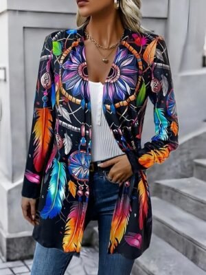 Artistic Loose Print Collarless Long Sleeve Trench Coat - Image 3