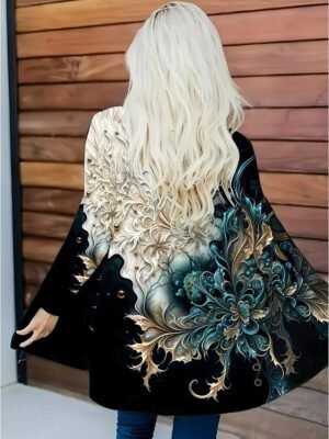 Artistic Loose Print Collarless Long Sleeve Trench Coat - Image 4