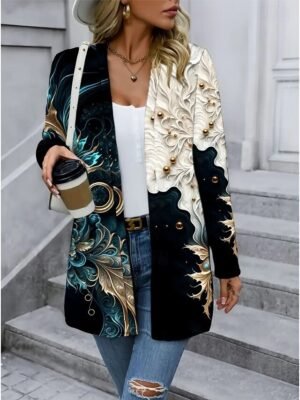 Artistic Loose Print Collarless Long Sleeve Trench Coat - Image 5