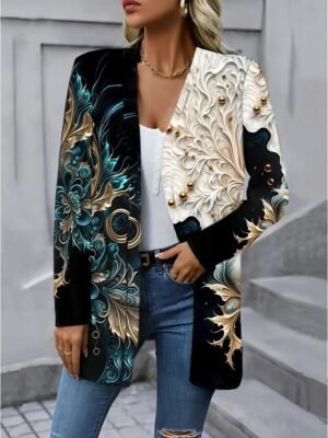 Artistic Loose Print Collarless Long Sleeve Trench Coat - Image 6
