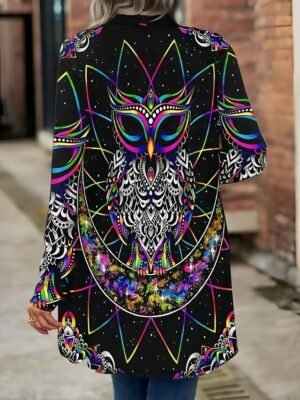 Artistic Loose Print Collarless Long Sleeve Trench Coat - Image 7