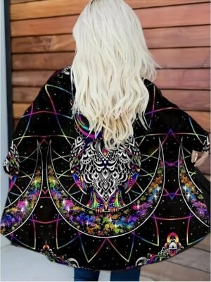 Artistic Loose Print Collarless Long Sleeve Trench Coat - Image 8