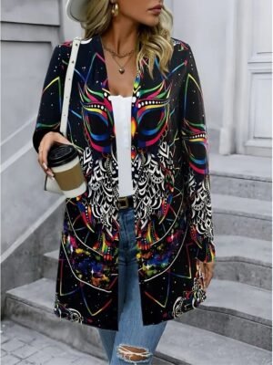 Artistic Loose Print Collarless Long Sleeve Trench Coat - Image 9