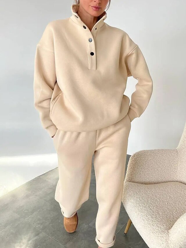 Athleisure Loose Solid Stand Collar Long Sleeve Winter Tracksuit - Image 1