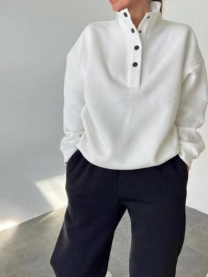 Athleisure Loose Solid Stand Collar Long Sleeve Winter Tracksuit - Image 12