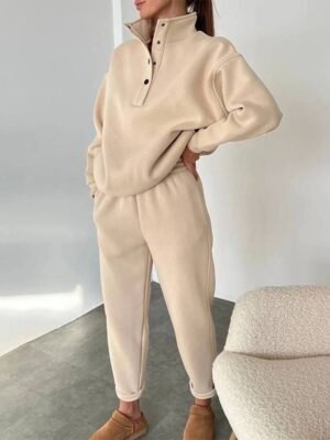 Athleisure Loose Solid Stand Collar Long Sleeve Winter Tracksuit - Image 2