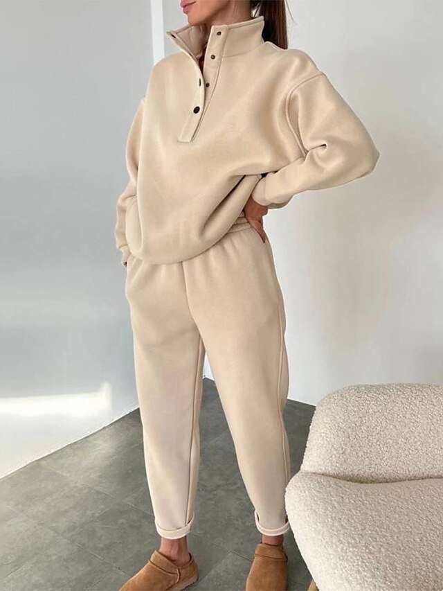 Athleisure Loose Solid Stand Collar Long Sleeve Winter Tracksuit - Image 2