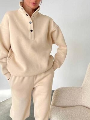 Athleisure Loose Solid Stand Collar Long Sleeve Winter Tracksuit - Image 3