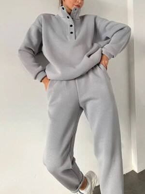 Athleisure Loose Solid Stand Collar Long Sleeve Winter Tracksuit - Image 7