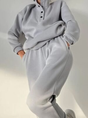 Athleisure Loose Solid Stand Collar Long Sleeve Winter Tracksuit - Image 8