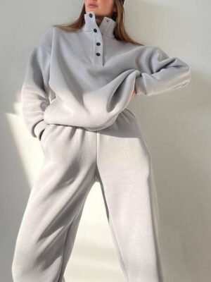 Athleisure Loose Solid Stand Collar Long Sleeve Winter Tracksuit - Image 9