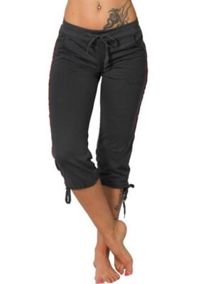 Athleisure Skinny Striped High Waist Drawstring Capri Leggings - Image 2