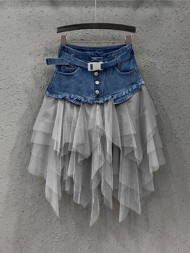 Basic A Line Asymmetrical Pleated Tulle Long Skirt - Image 2