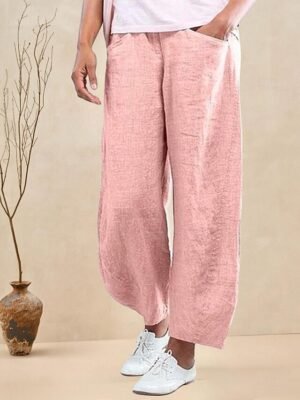 Basic Casual Baggy Mid Waist Cotton Linen Trousers - Image 1