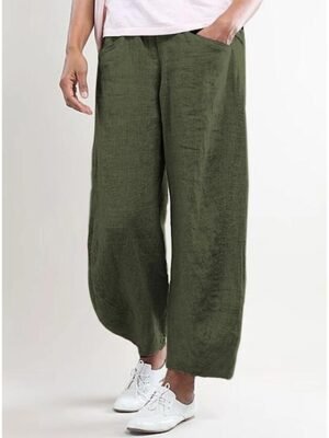 Basic Casual Baggy Mid Waist Cotton Linen Trousers - Image 6