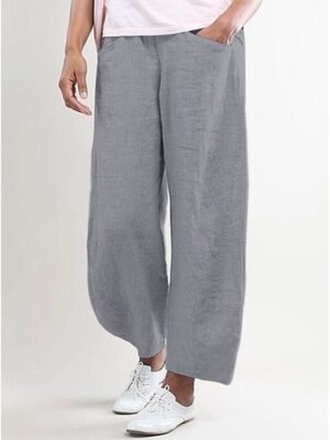 Basic Casual Baggy Mid Waist Cotton Linen Trousers - Image 7