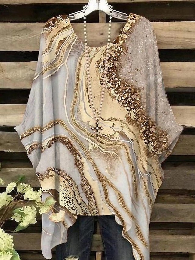 Basic Casual Print Dolman Sleeve Crew Neck Chiffon Blouse - Image 1